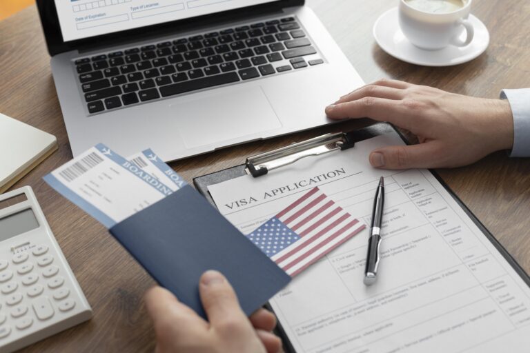 visa application composition with american flag